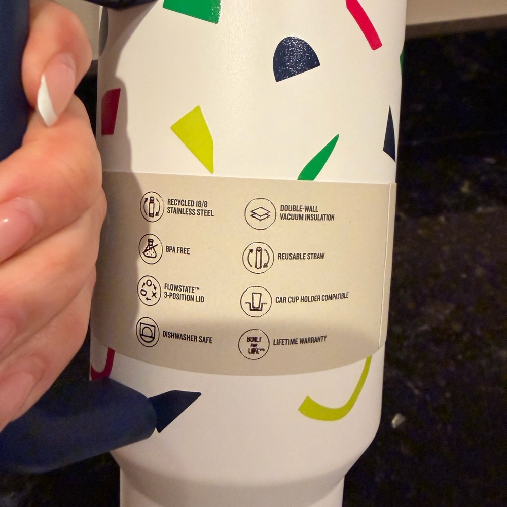 Stanley Quencher H2.0 Tumbler - White with Confetti Design And Blue Handle - Picture 3 of 6